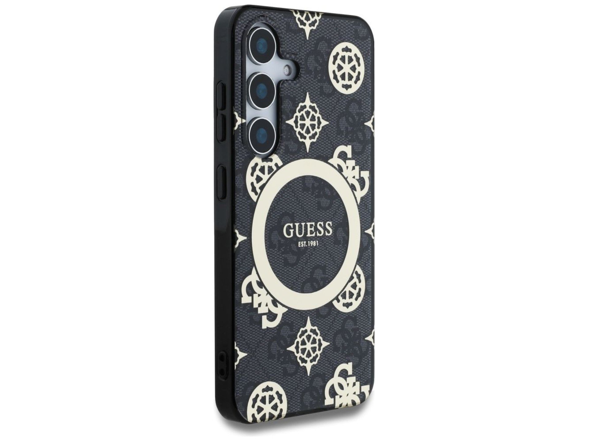 Guess 4G Background Gold Electroplated Peony Pattern MagSafe case for Samsung Galaxy S25 black