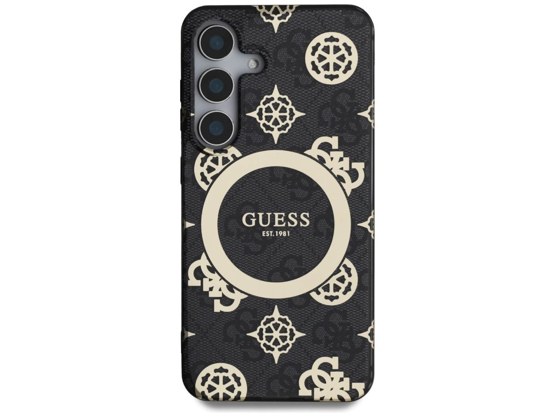 Guess 4G Background Gold Electroplated Peony Pattern MagSafe case for Samsung Galaxy S25 black