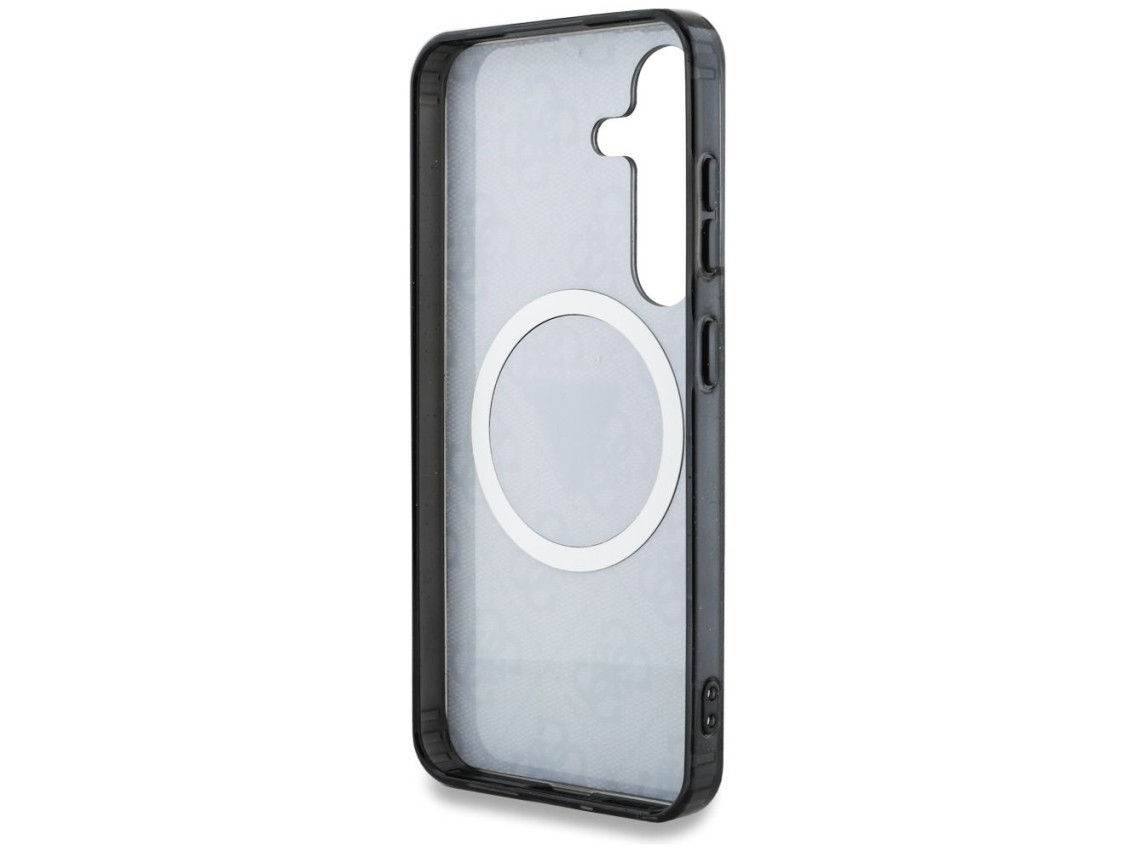 Funda Guess 4G con botones triangulares brillantes y MagSafe para Samsung Galaxy S25 Plus, color neg
