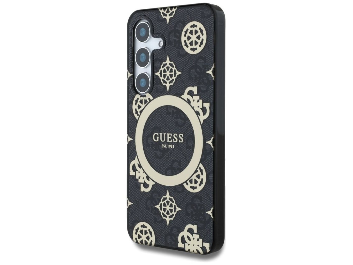 Guess 4G Background Gold Electroplated Peony Pattern MagSafe case for Samsung Galaxy S25 black
