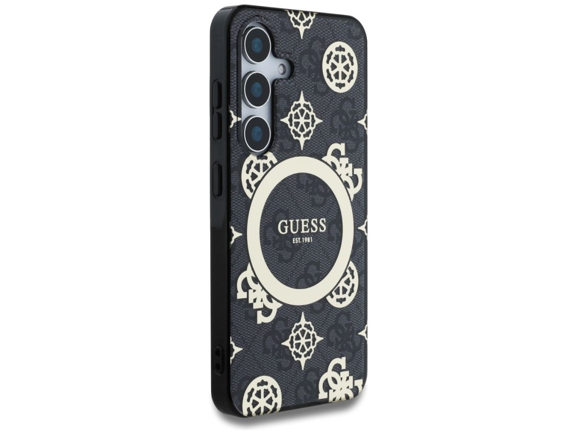 Guess 4G Background Gold Electroplated Peony Pattern MagSafe case for Samsung Galaxy S25 black
