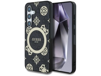 Capa MagSafe Guess 4G com fundo dourado e estampa de peônias para Samsung Galaxy S25, preta. Capa MagSafe Guess 4G com fundo dourado e estampa de peônias para Samsung Galaxy S25, preta.