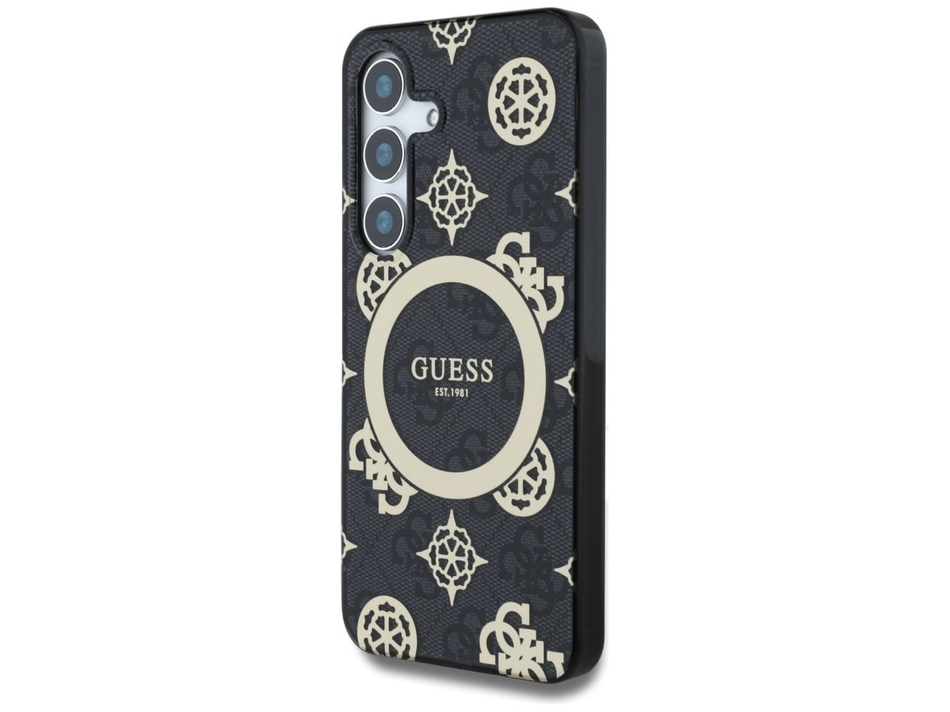 Guess 4G Background Gold Electroplated Peony Pattern MagSafe case for Samsung Galaxy S25 black