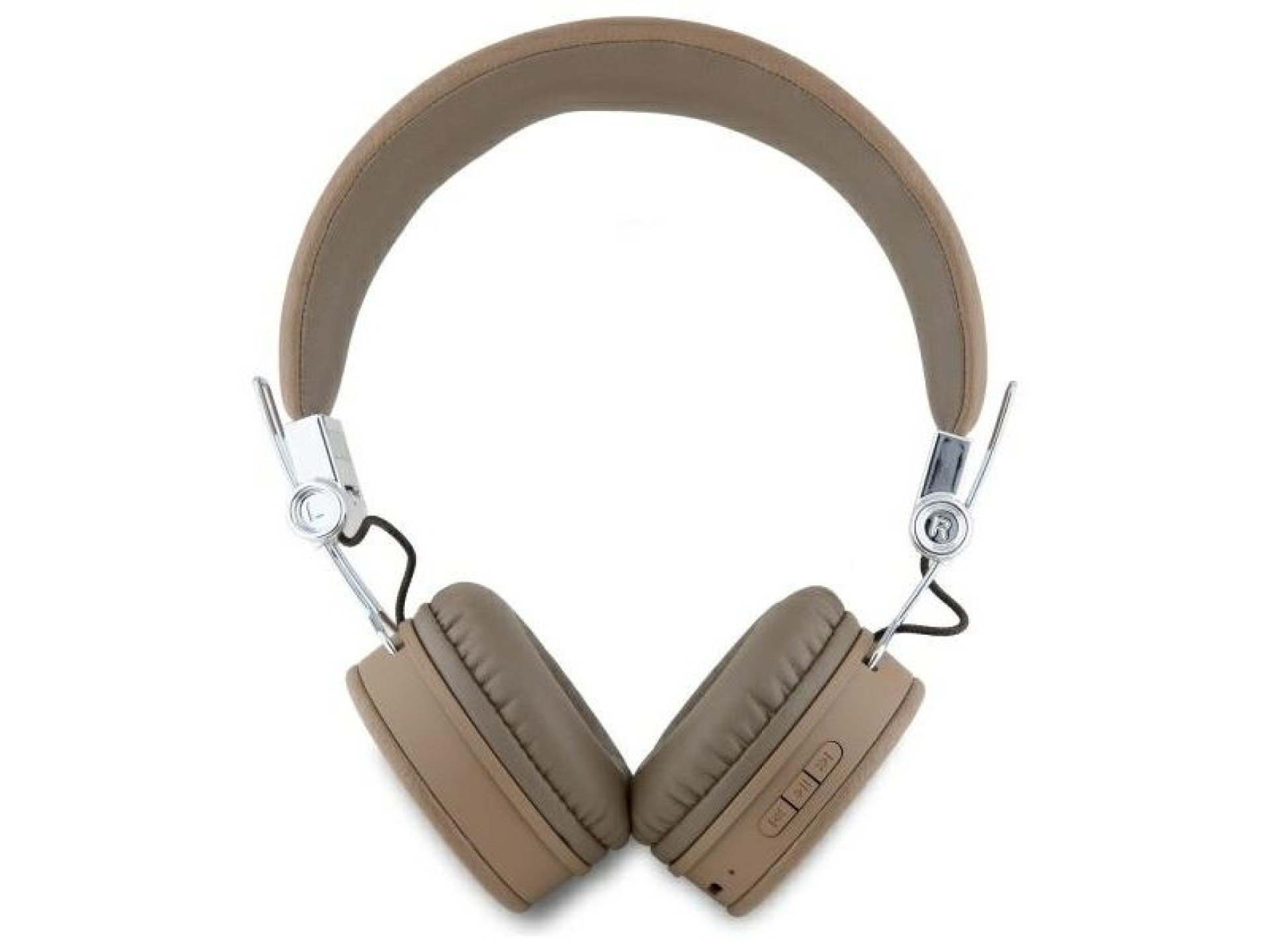 Fones de ouvido Guess Bluetooth ENC GUBH70PGTSPSW marrom texturizado, formato clássico redondo.