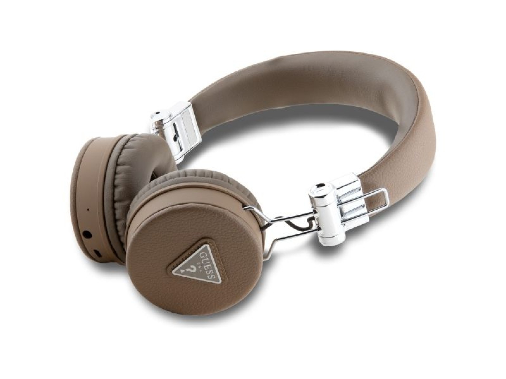 Fones de ouvido Guess Bluetooth ENC GUBH70PGTSPSW marrom texturizado, formato clássico redondo.
