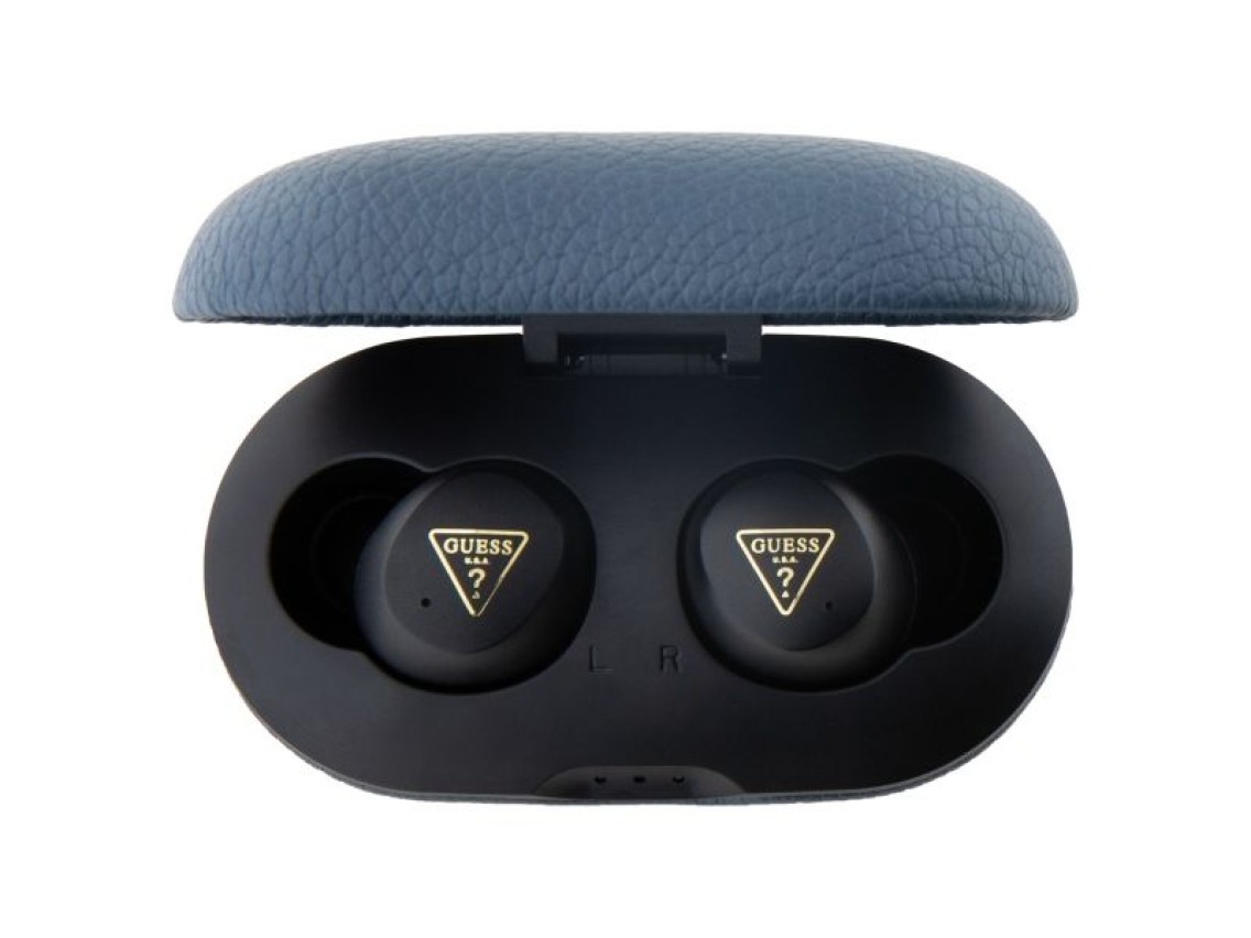 Fones de ouvido Bluetooth Guess GUTWSPGTSPSB TWS + base de carregamento azul/azul com logotipo cláss