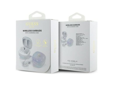Fones de ouvido Bluetooth Guess GUTWSJ144ESH TWS + base de carregamento branca/branca iridescente 4G