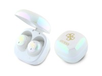 Fones de ouvido Bluetooth Guess GUTWSJ144ESH TWS + base de carregamento branca/branca iridescente 4G