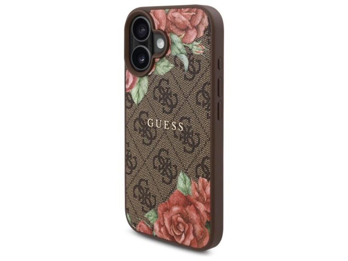 Capa rígida Guess GUHMP16SP4ROPEMCW para iPhone 16 de 6,1 polegadas, marrom/marrom, 4G, estampa flor