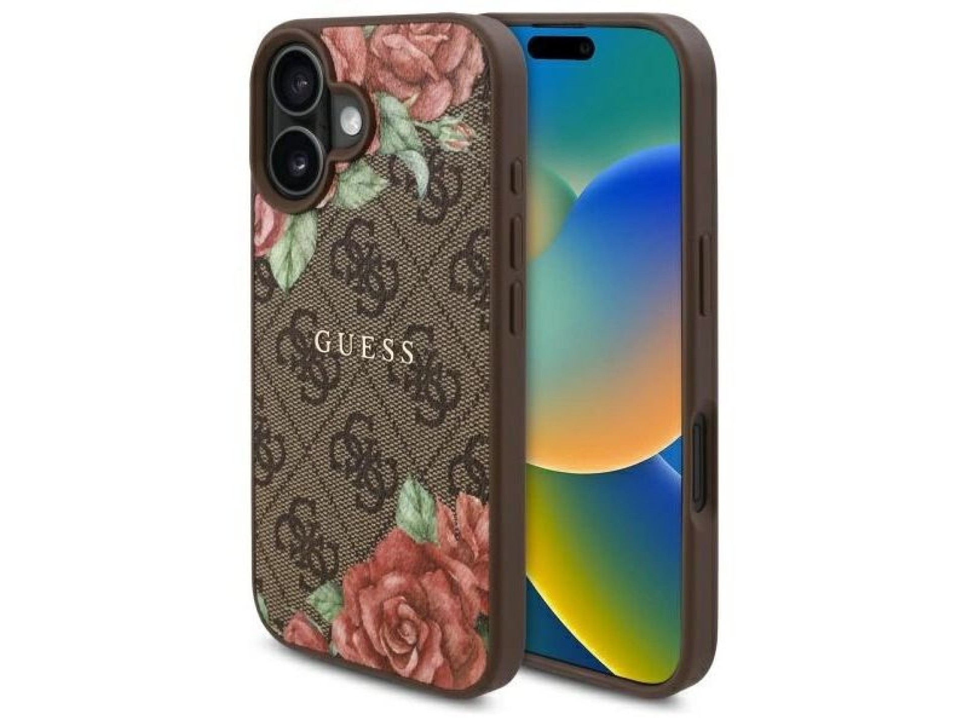 Capa rígida Guess GUHMP16SP4ROPEMCW para iPhone 16 de 6,1 polegadas, marrom/marrom, 4G, estampa flor
