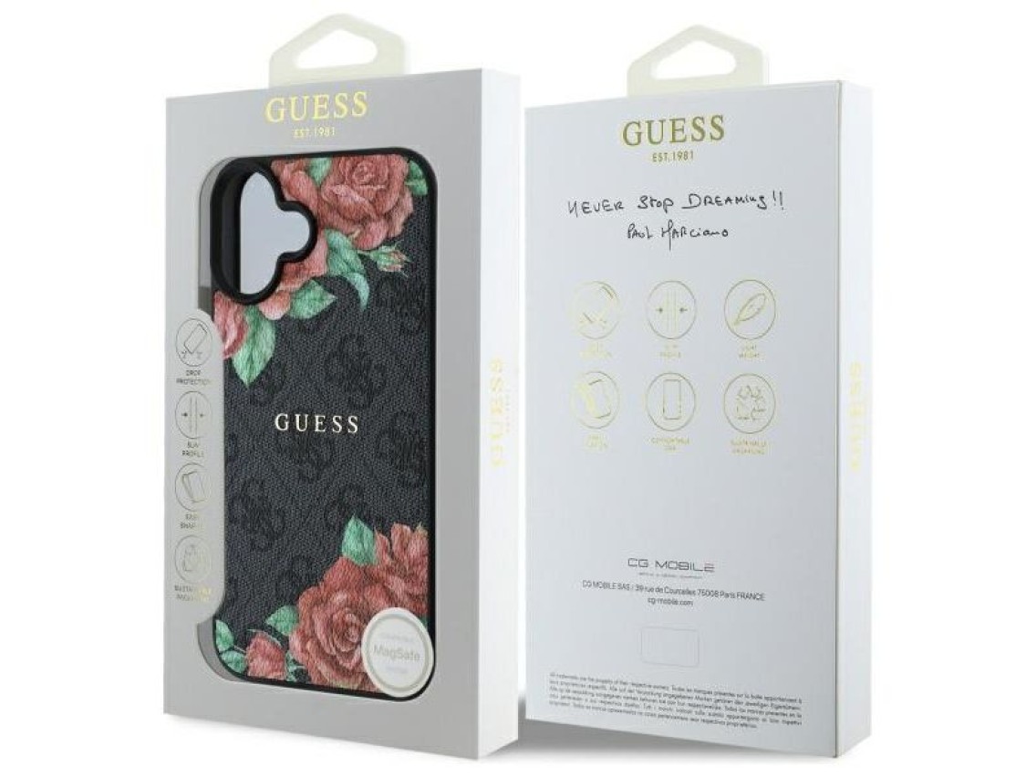 Guess GUHMP16SP4ROPEMCK iPhone 16 6.1" black/black hardcase 4G Flowers Print MagSafe