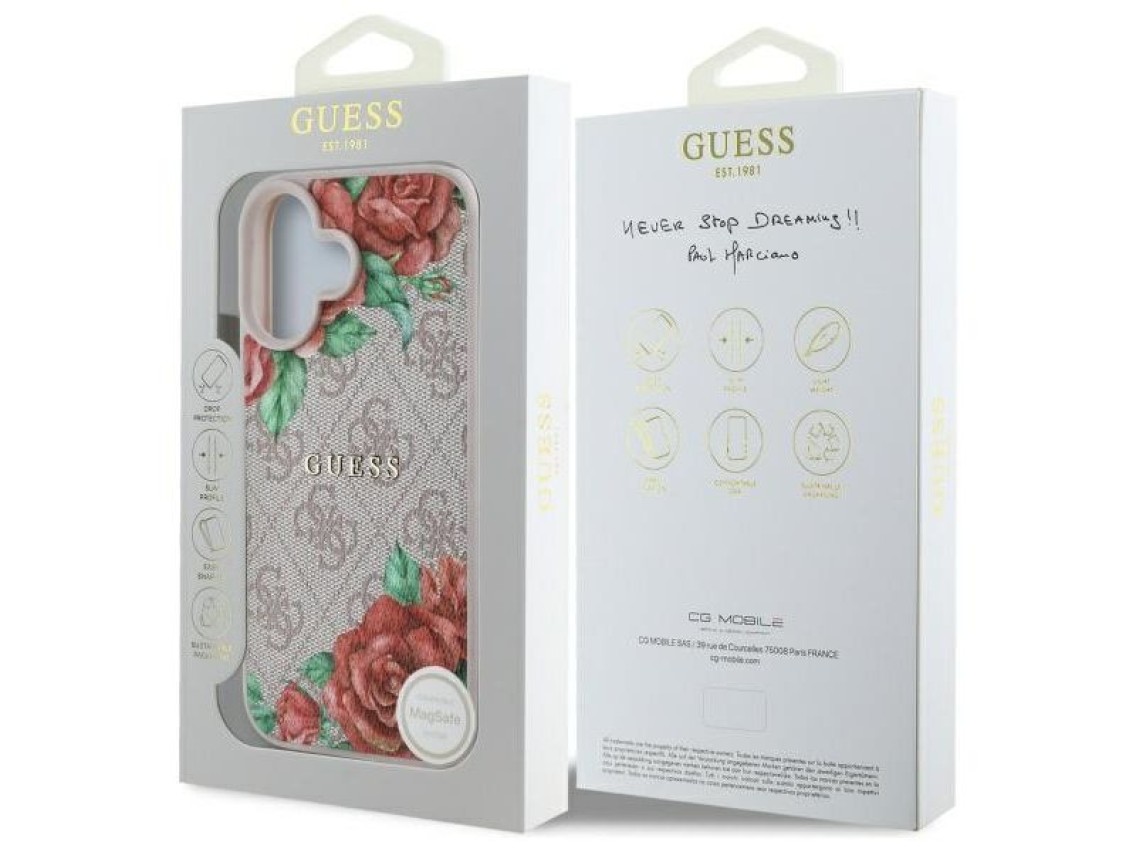 Capa rígida Guess GUHMP16SP4ROPEMCP para iPhone 16 de 6,1" rosa/rosa 4G com estampa floral e MagSafe