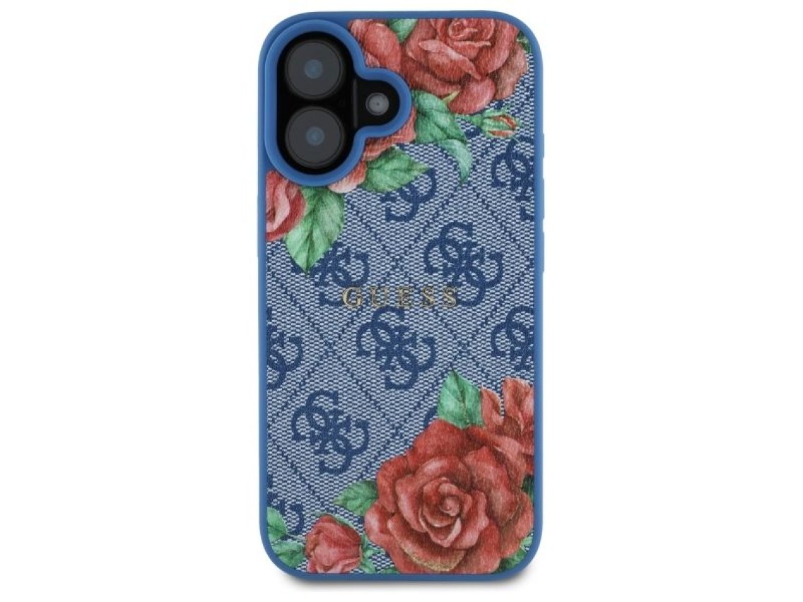 Funda rígida Guess GUHMP16SP4ROPEMCB para iPhone 16 de 6,1" azul/azul, 4G, estampado floral, MagSafe