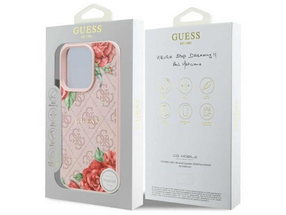 Capa rígida Guess GUHMP16XP4ROPEMCP para iPhone 16 Pro Max 6.9" rosa/rosa 4G com estampa floral e Ma
