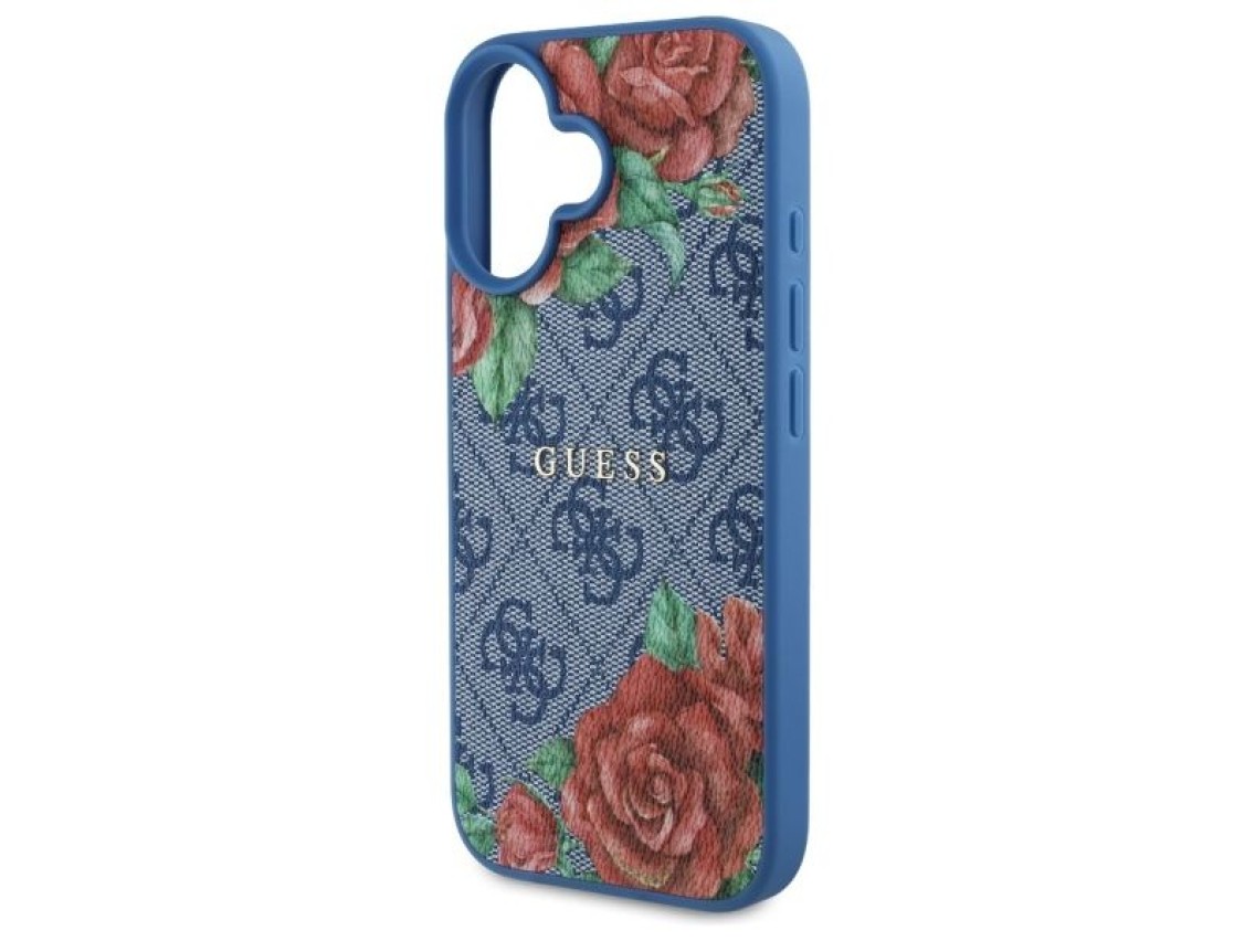 Funda rígida Guess GUHMP16SP4ROPEMCB para iPhone 16 de 6,1" azul/azul, 4G, estampado floral, MagSafe