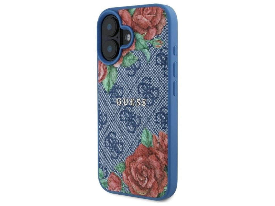 Funda rígida Guess GUHMP16SP4ROPEMCB para iPhone 16 de 6,1" azul/azul, 4G, estampado floral, MagSafe