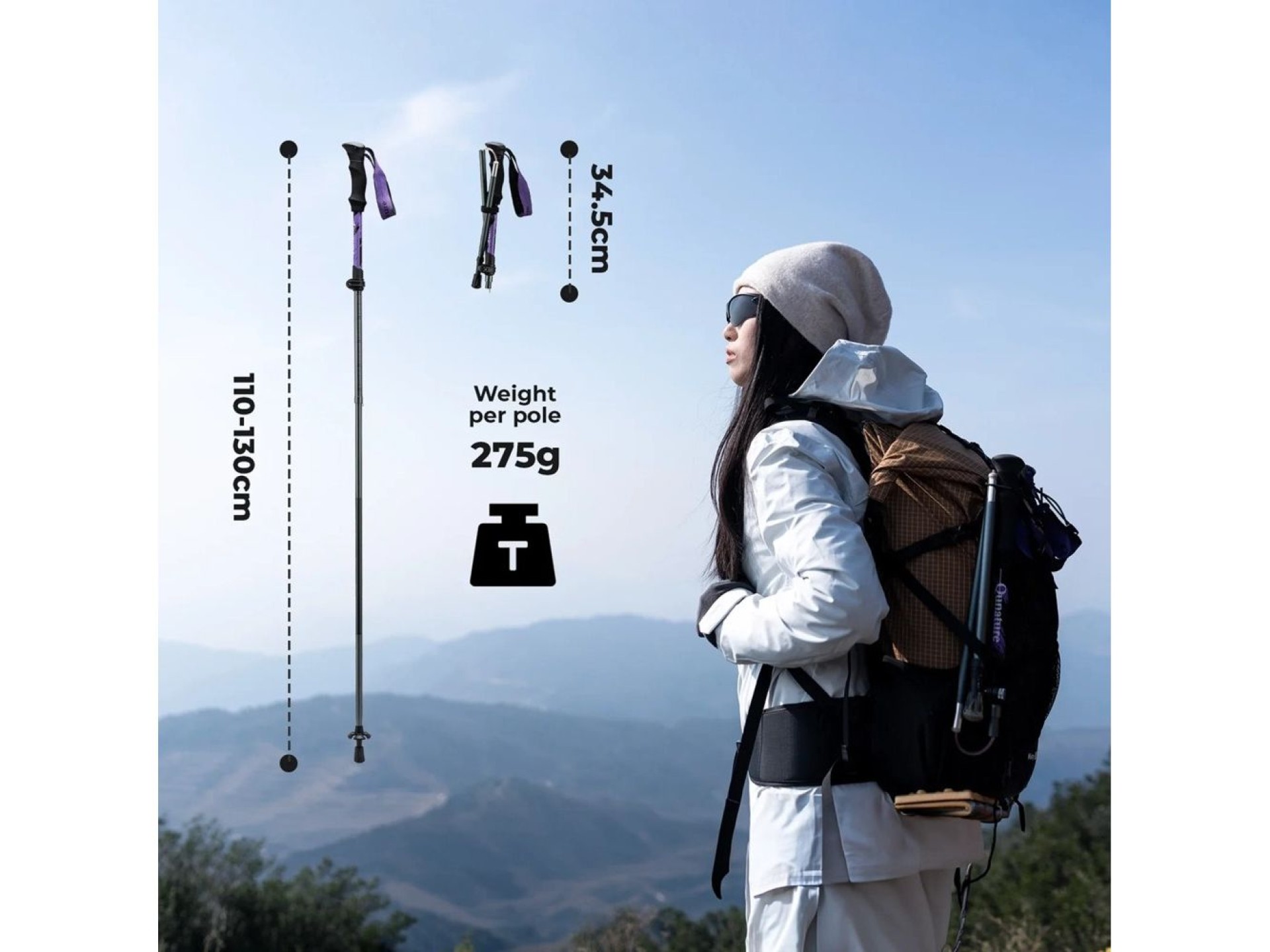 Bastón de trekking Qunature Nordic Walking de aluminio, 110-130 cm, 1 unidad - Morado