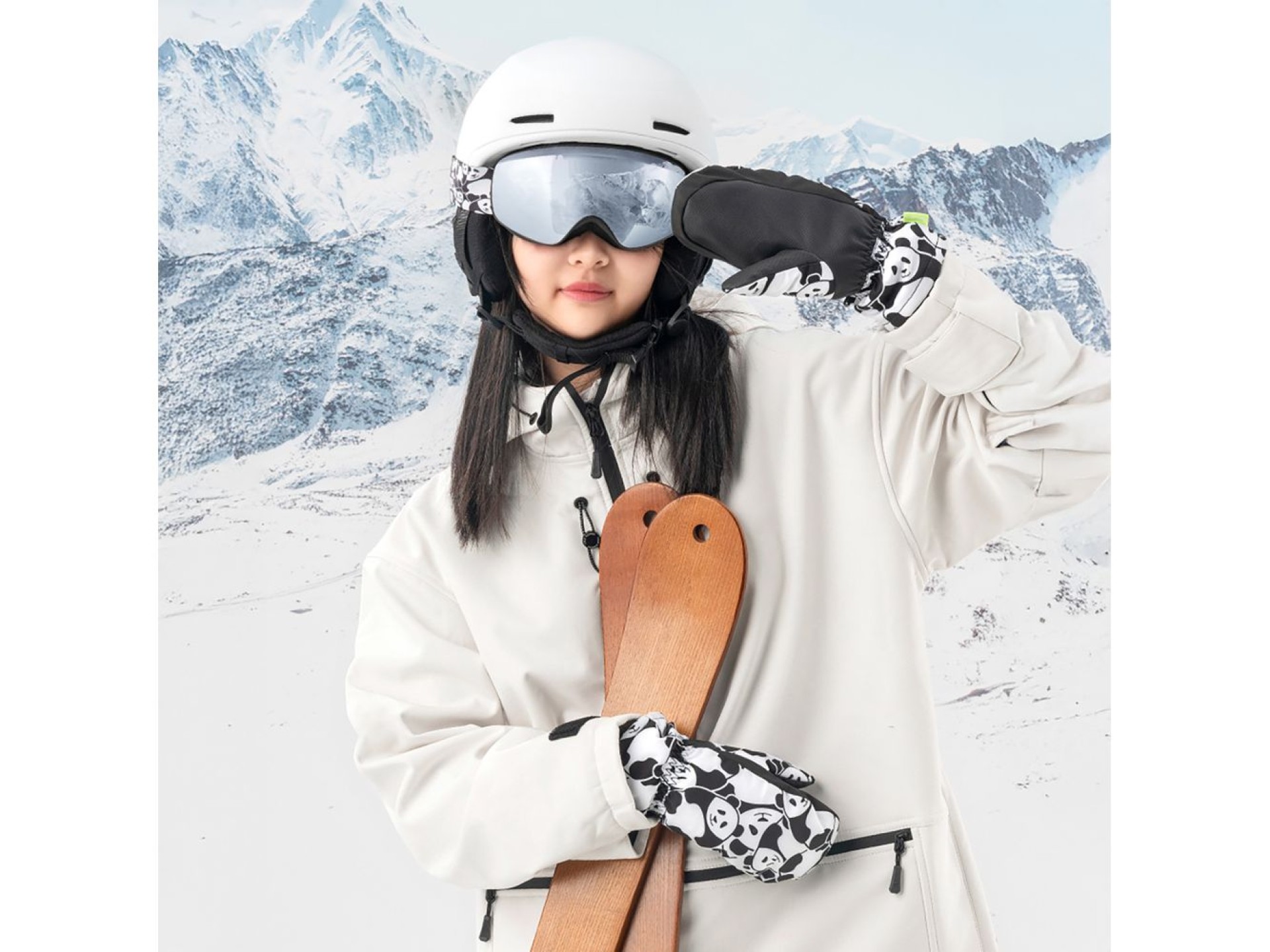 Qunature Panda Heat Transfer Ski Gloves Kids Size S - Black/White