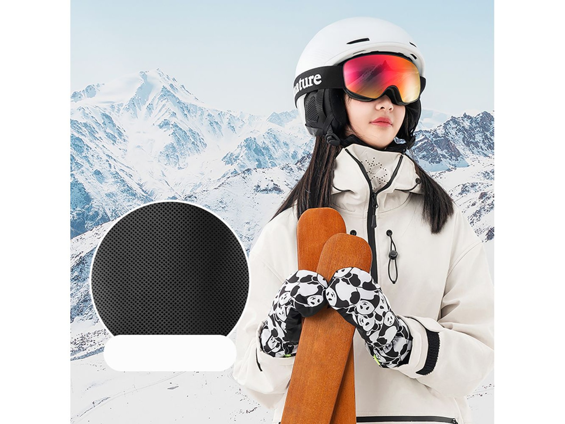 Qunature Panda Heat Transfer Ski Gloves Kids Size S - Black/White
