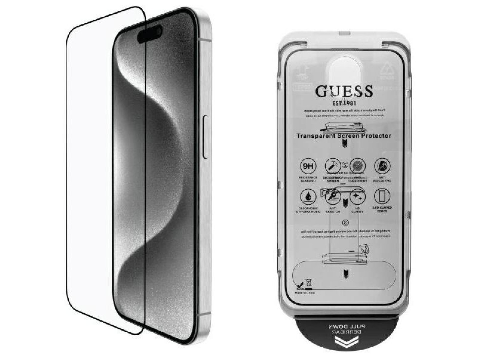 Protector de pantalla Guess de cristal templado con contorno 2.5D para iPhone 16 Pro Max