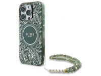 Guess IML Flowers Allover Electro With Pearl Strap MagSafe case for iPhone 16 Pro Max - green