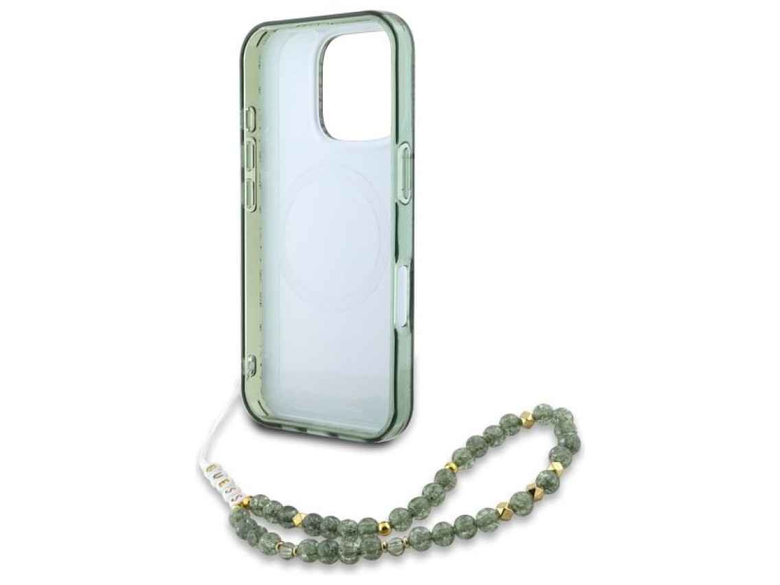 Funda Guess IML Flowers Allover Electro con correa de perlas y MagSafe para iPhone 16 Pro Max - verd