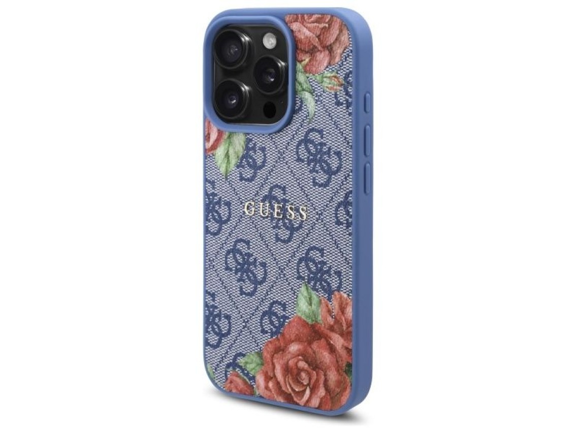 Funda Guess 4G con estampado floral y MagSafe para iPhone 16 Pro Max - azul