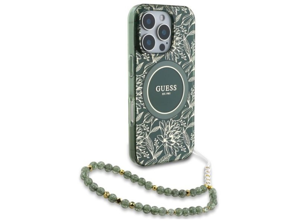 Funda Guess IML Flowers Allover Electro con correa de perlas y MagSafe para iPhone 16 Pro Max - verd