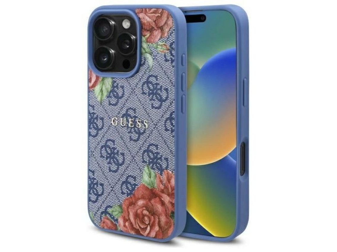 Funda Guess 4G con estampado floral y MagSafe para iPhone 16 Pro Max - azul