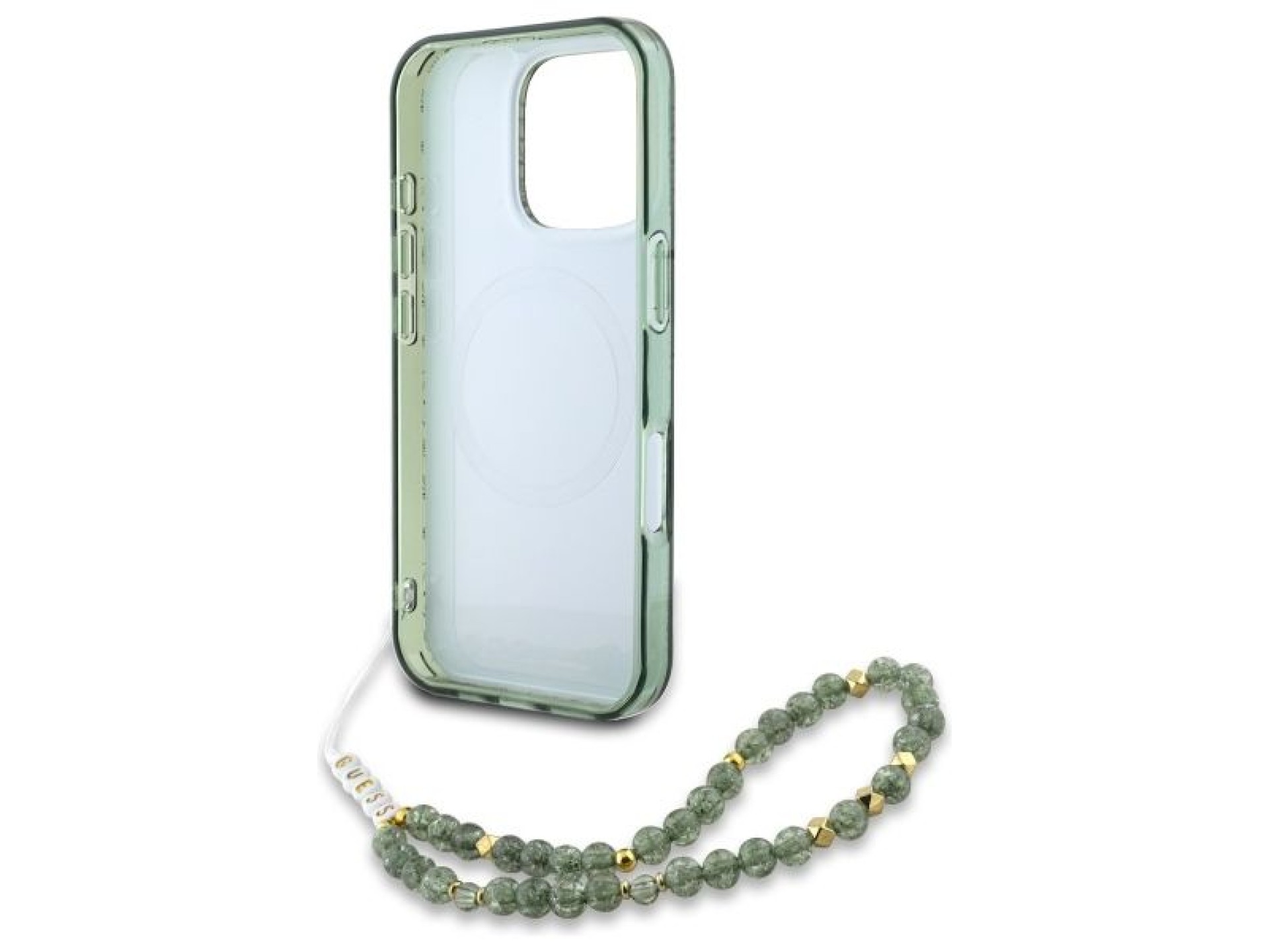 Funda Guess IML Flowers Allover Electro con correa de perlas y MagSafe para iPhone 16 Pro Max - verd