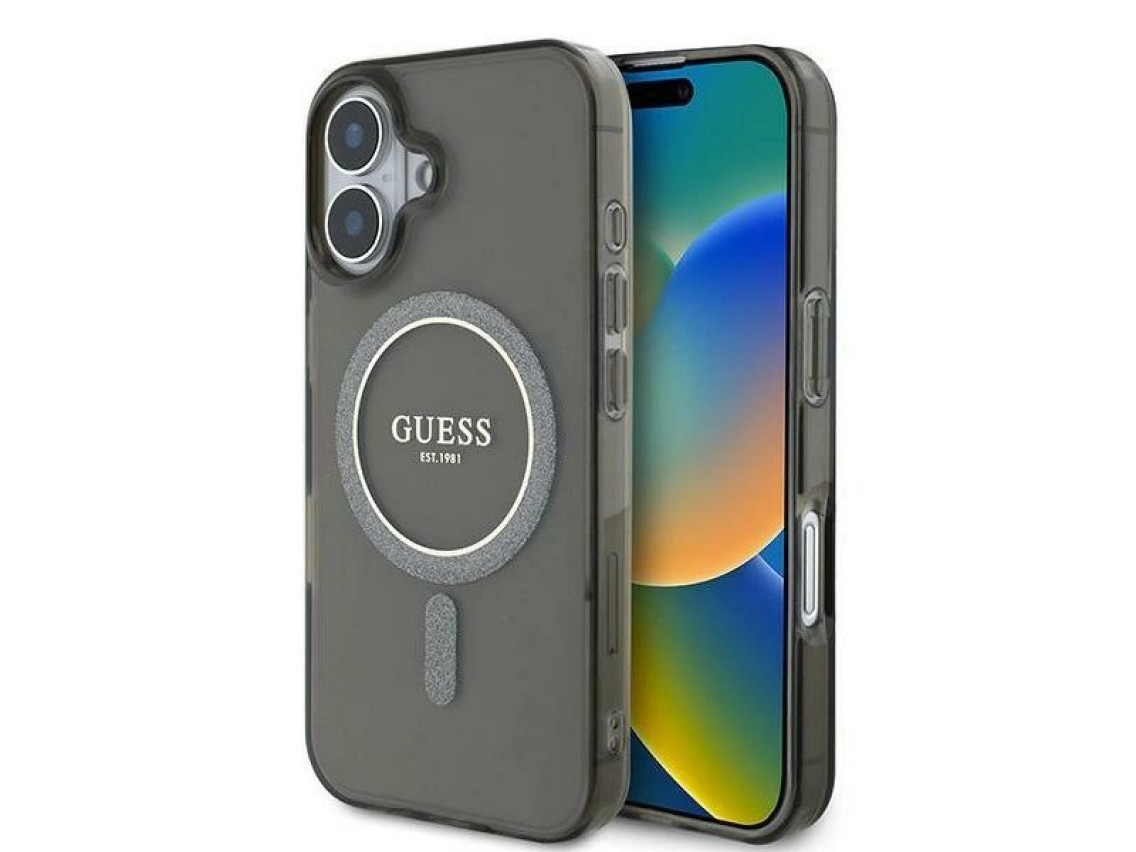 Capa Guess IML Glitter Circle MagSafe para iPhone 16 - preta