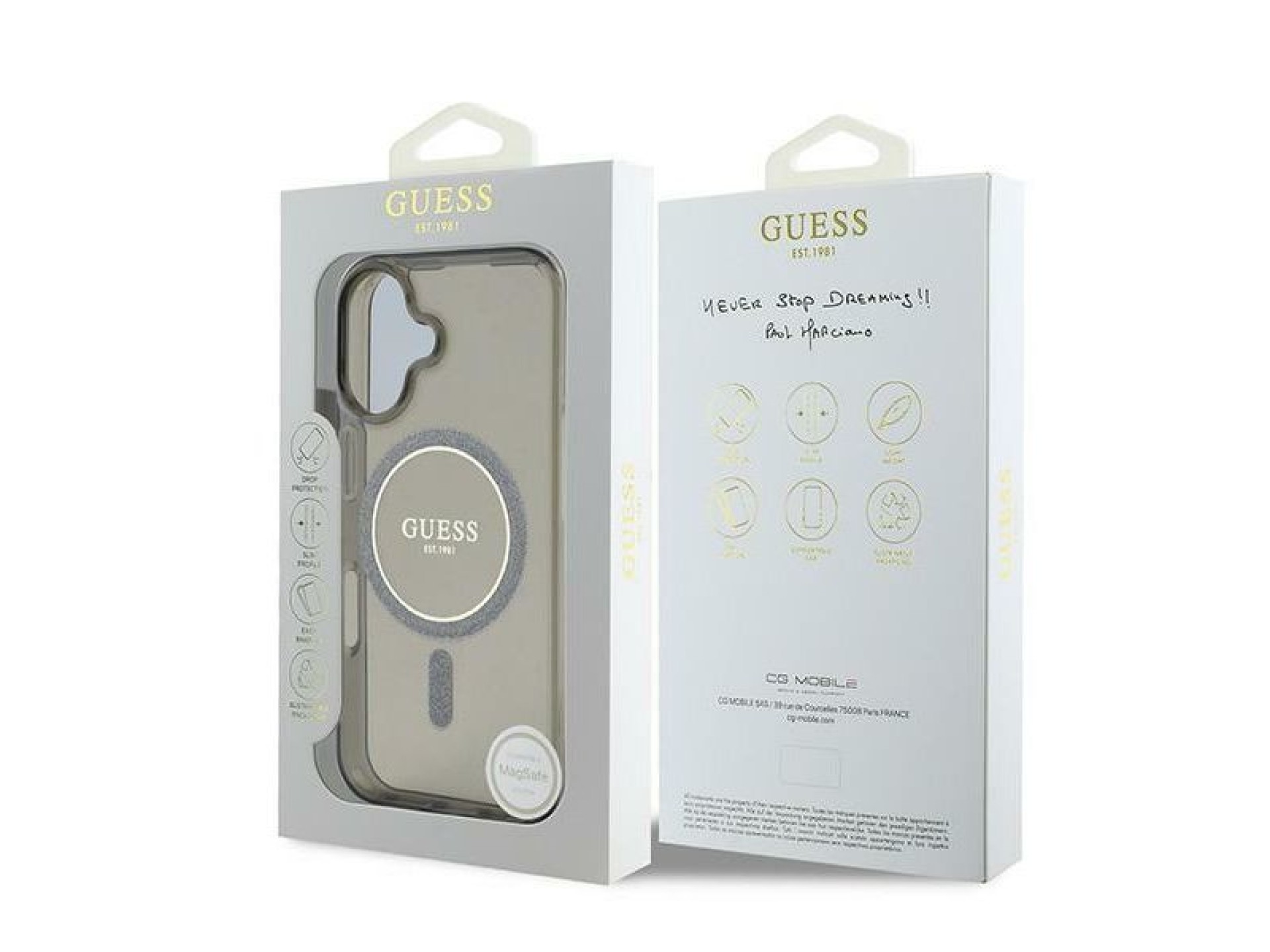 Capa Guess IML Glitter Circle MagSafe para iPhone 16 - preta