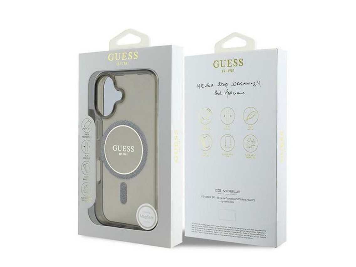 Capa Guess IML Glitter Circle MagSafe para iPhone 16 - preta