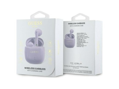 Fones de ouvido Bluetooth Guess GUTWSJ14ESGU TWS + base de carregamento roxo/roxo com logotipo cl�ss