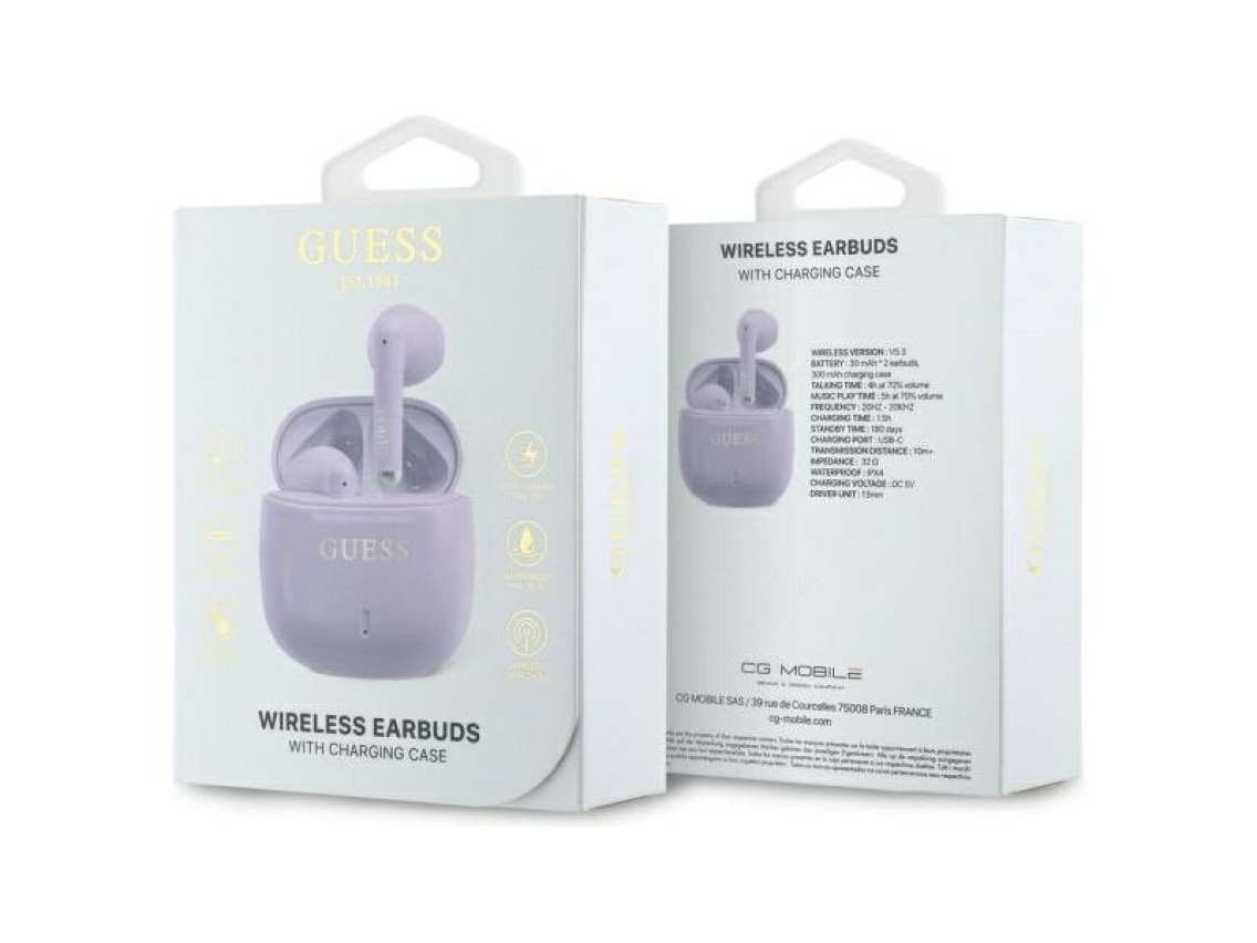 Auriculares Bluetooth Guess GUTWSJ14ESGU TWS + base de carga morado/morado con logotipo clásico impr