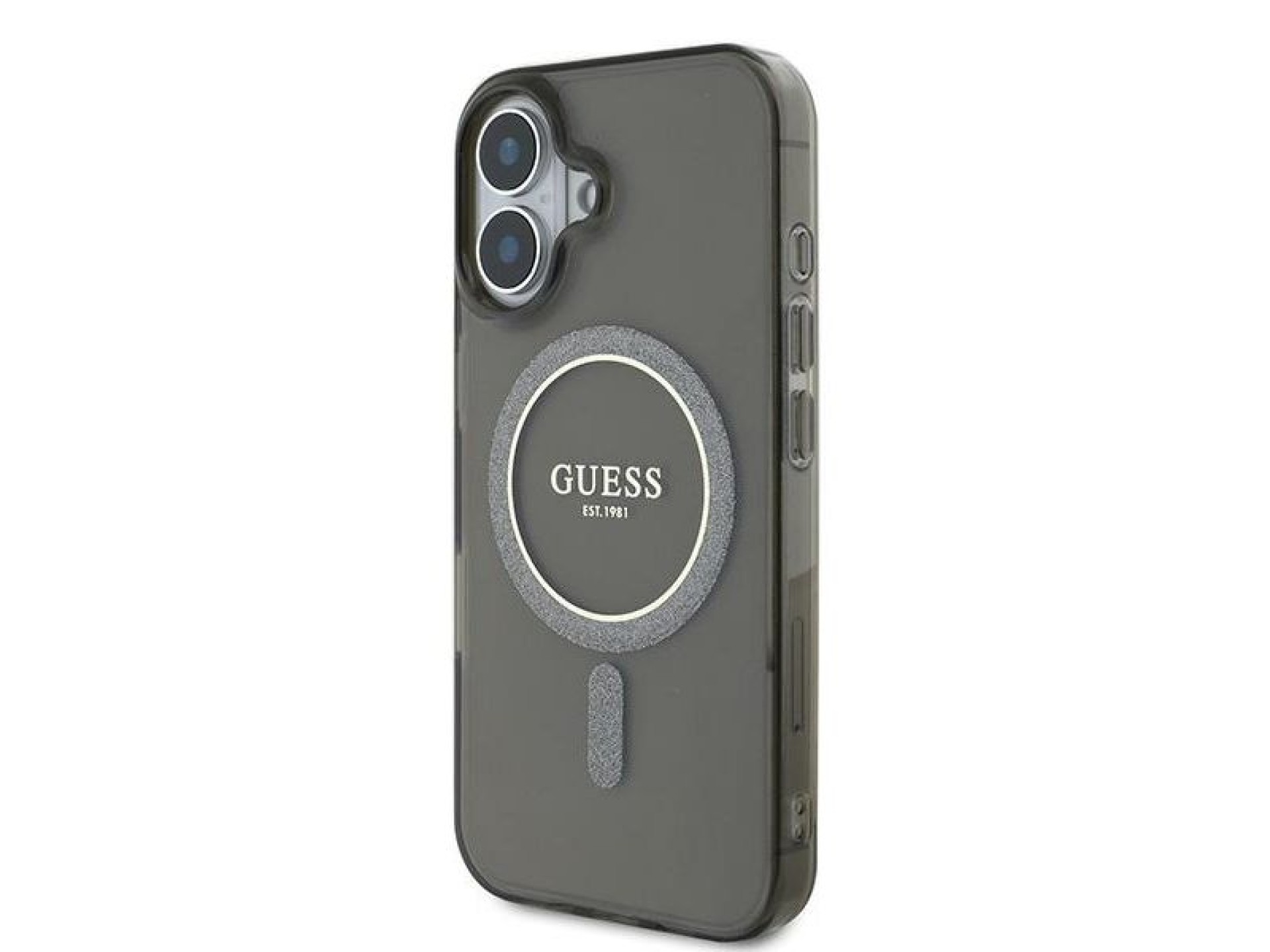 Capa Guess IML Glitter Circle MagSafe para iPhone 16 - preta