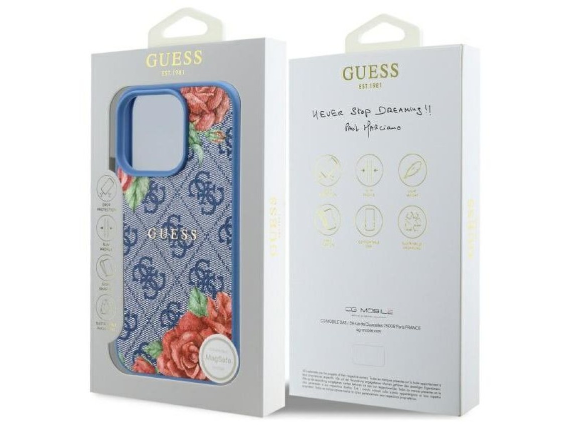 Capa Guess 4G com estampa de flores e MagSafe para iPhone 16 Pro - azul
