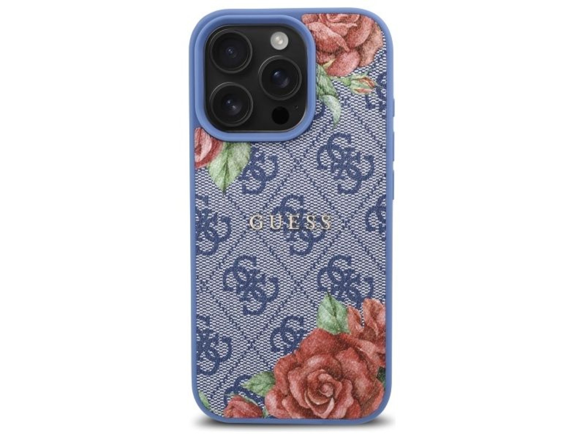 Capa Guess 4G com estampa de flores e MagSafe para iPhone 16 Pro - azul