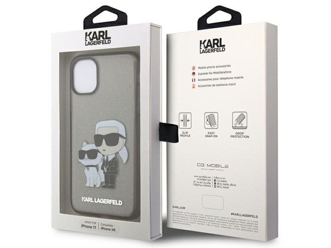 Karl Lagerfeld KLHCN61HNKCTGK iPhone 11 / Xr 6.1" capa rígida preta/preta com glitter Karl&Choupette