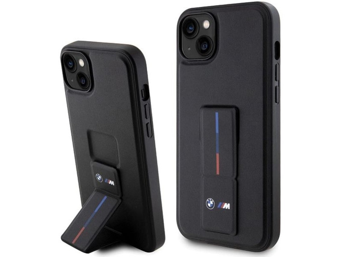 Funda BMW Grip Stand con estampado en caliente para iPhone 14 Plus / 15 Plus - Negra