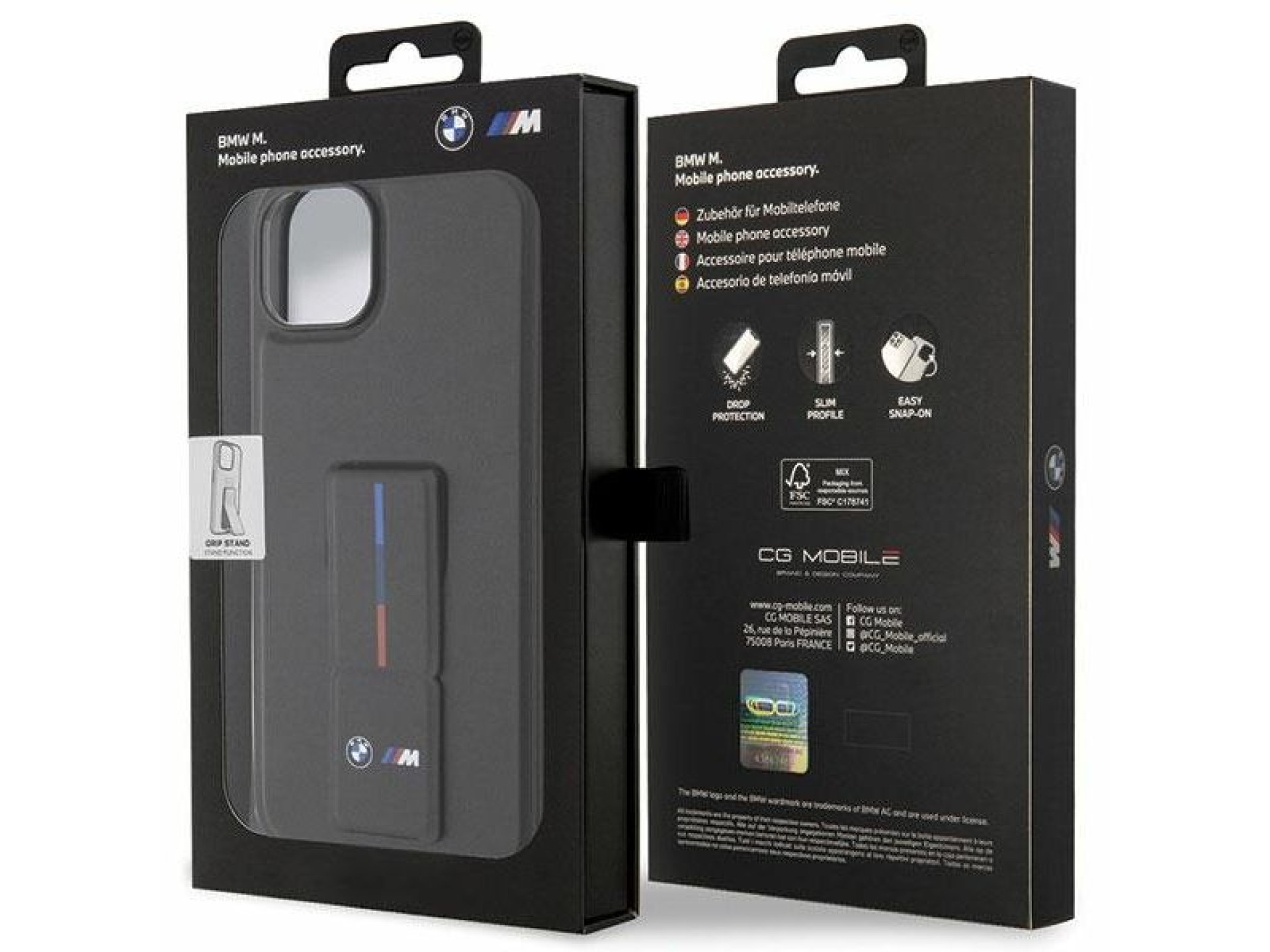 Funda BMW Grip Stand con estampado en caliente para iPhone 14 Plus / 15 Plus - Negra