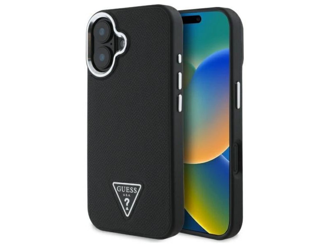 Capa rígida preta com textura triangular para iPhone 16 Plus 6.7" Guess GUHMP16MPGTSPSK.
