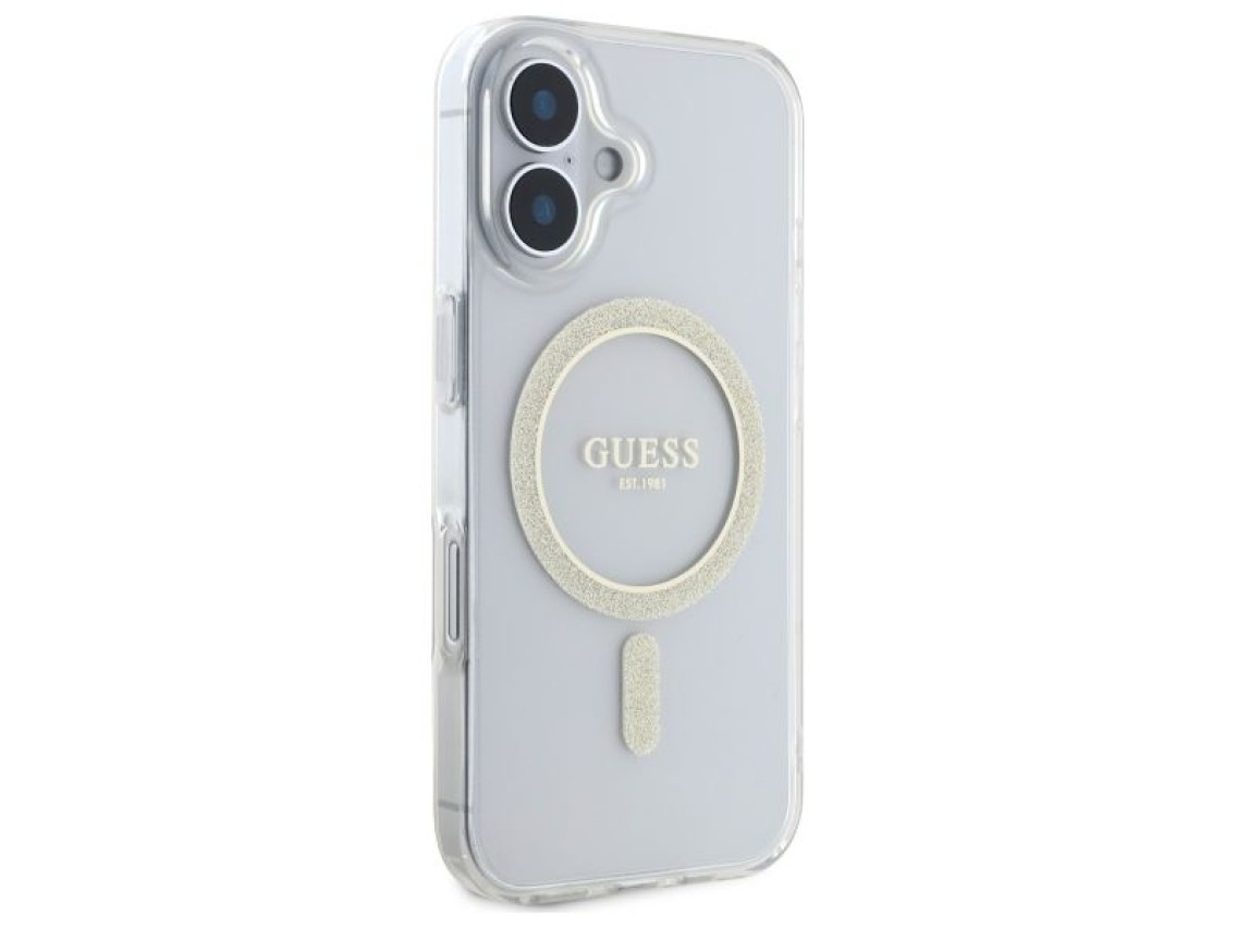 Funda rígida transparente Guess GUHMP16MHFGERET para iPhone 16 Plus de 6,7" con diseño IML y purpuri