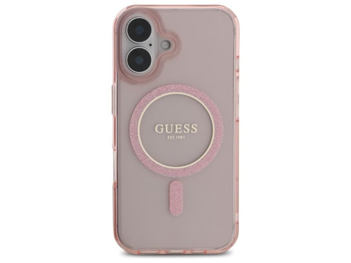 Capa rígida rosa/rosa com glitter circular IML MagSafe para iPhone 16 6.1" Guess GUHMP16SHFGEREP