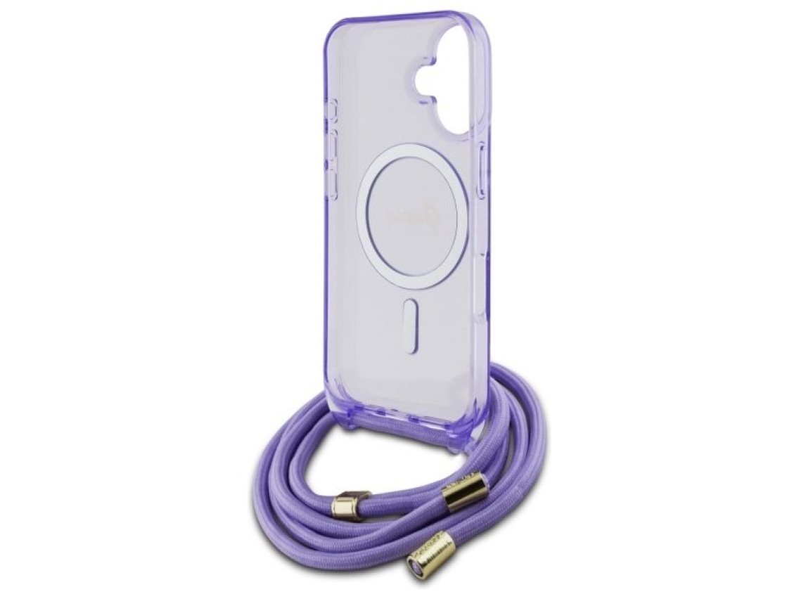 Capa Guess Crossbody Cord Script MagSafe para iPhone 16 - Roxa