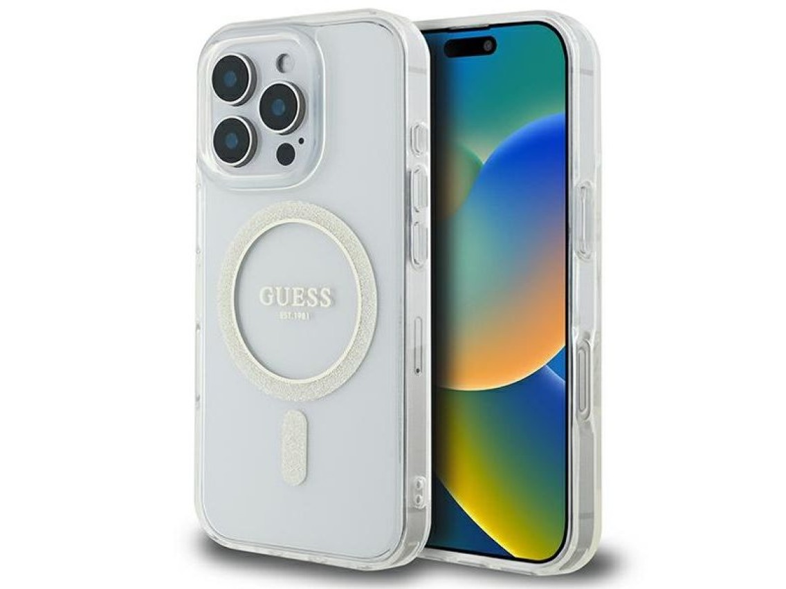 Funda Guess IML Glitter Circle MagSafe para iPhone 16 Pro Max - Transparente