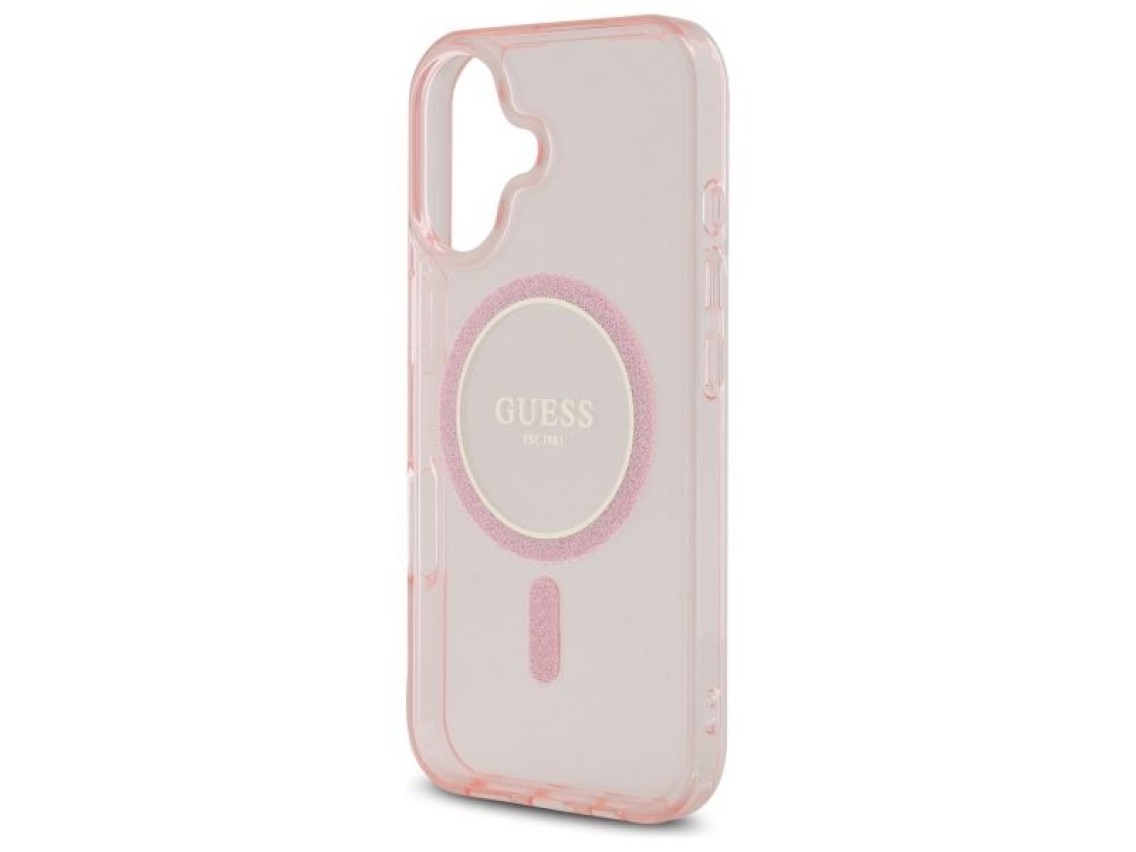 Capa rígida rosa/rosa com glitter circular IML MagSafe para iPhone 16 6.1" Guess GUHMP16SHFGEREP