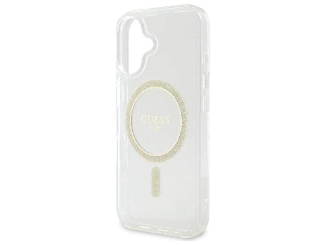 Funda rígida transparente Guess GUHMP16MHFGERET para iPhone 16 Plus de 6,7" con diseño IML y purpuri