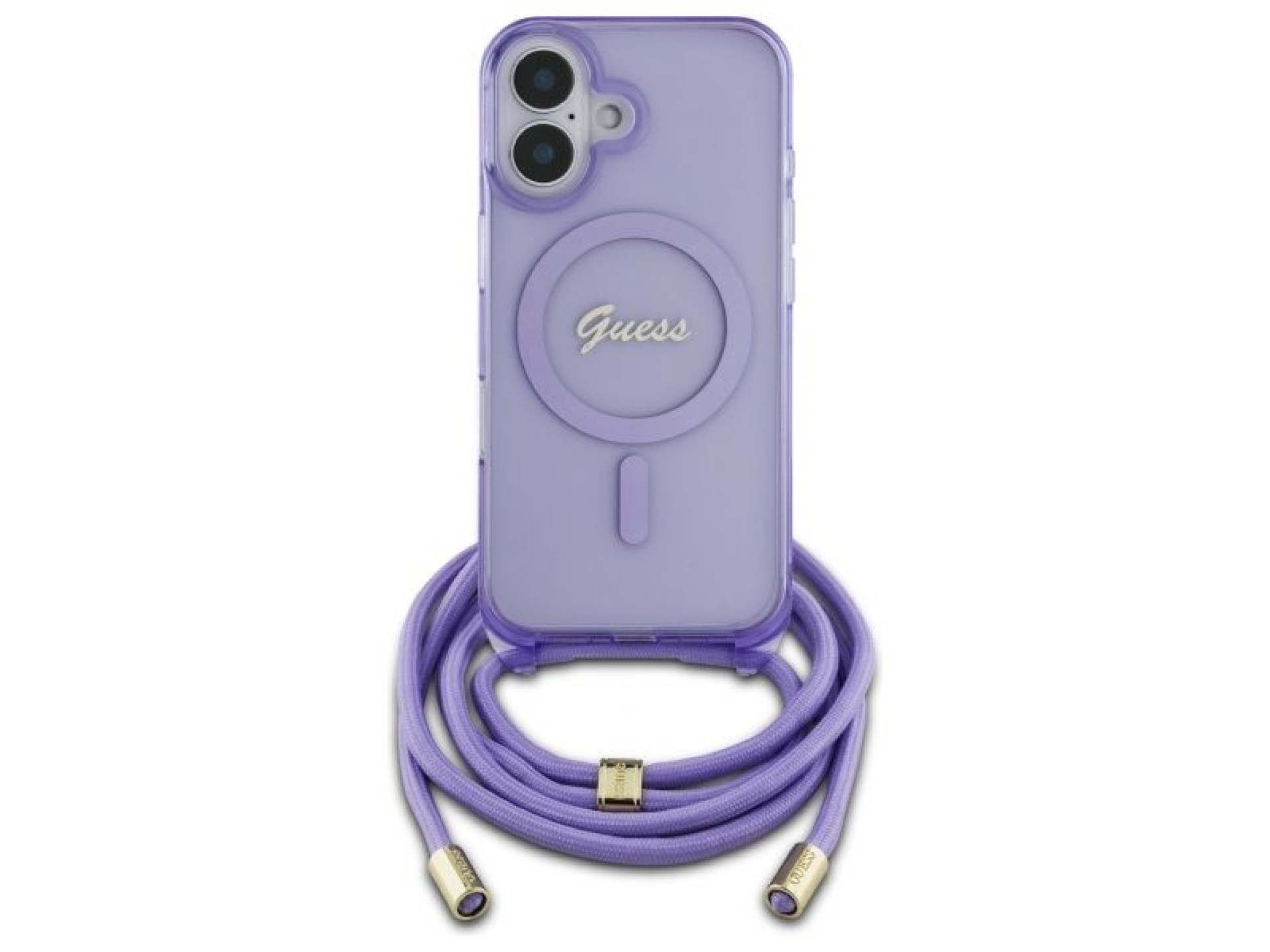 Capa Guess Crossbody Cord Script MagSafe para iPhone 16 - Roxa