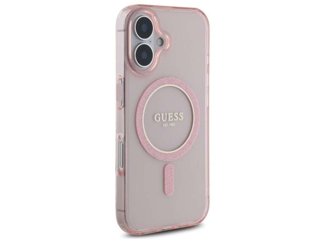 Capa rígida rosa/rosa com glitter circular IML MagSafe para iPhone 16 6.1" Guess GUHMP16SHFGEREP